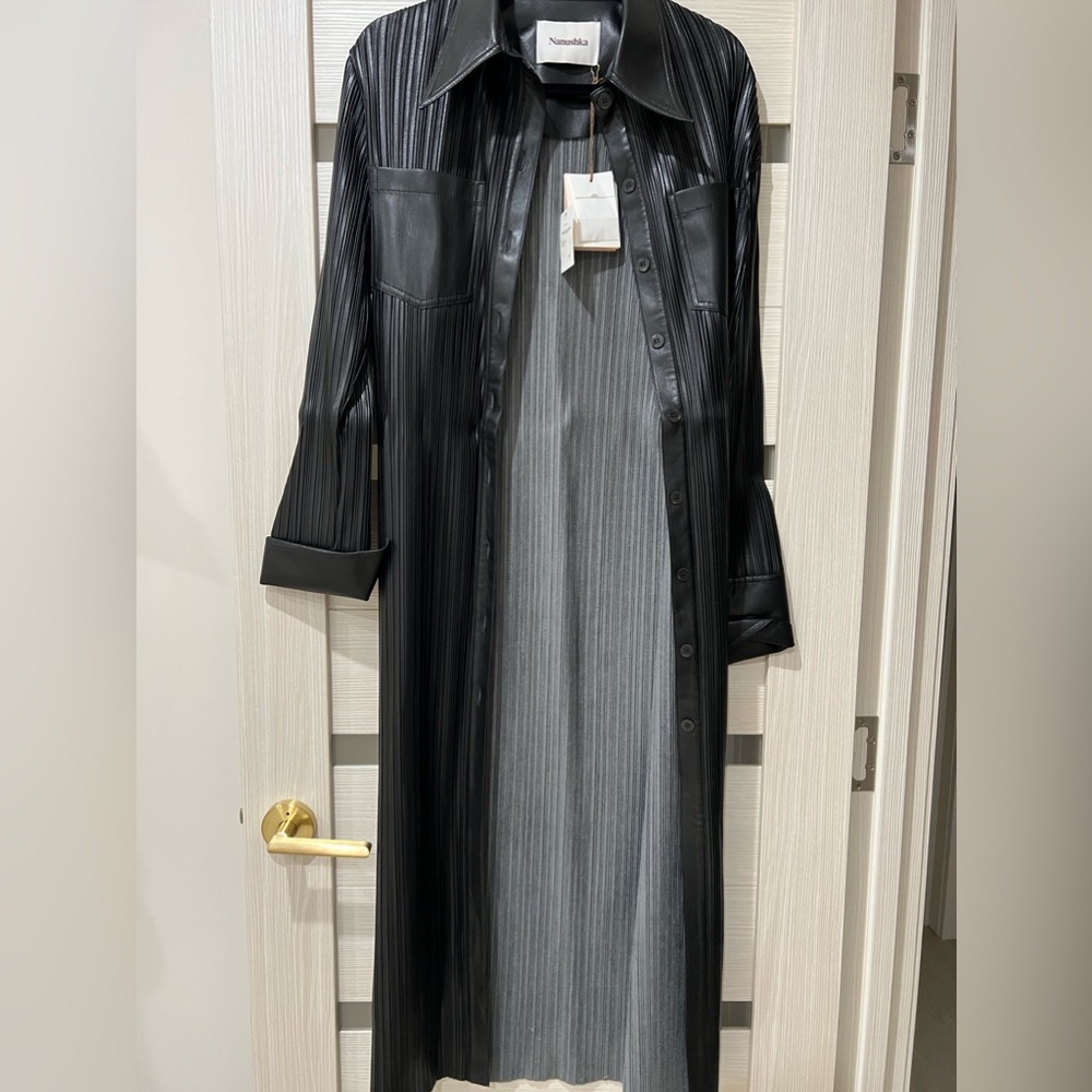 Nanushka genuine leather black pleated long button up dress trench size Large